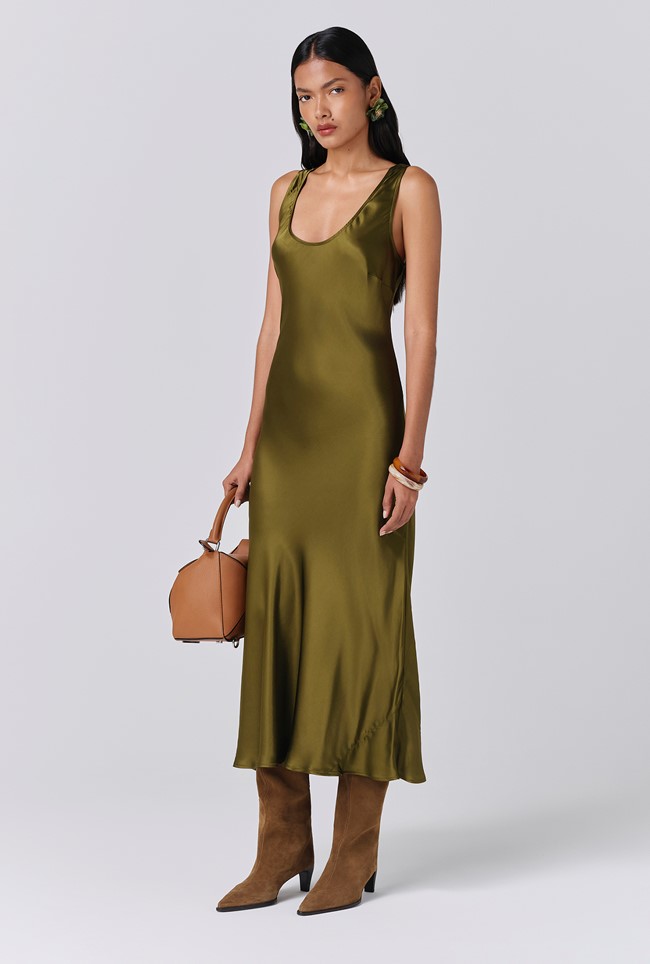 Palm Satin Scoop Neck Midi Slip Dress