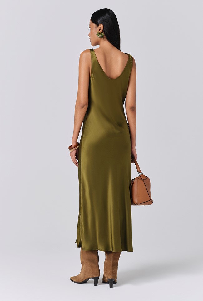 Palm Satin Scoop Neck Midi Slip Dress