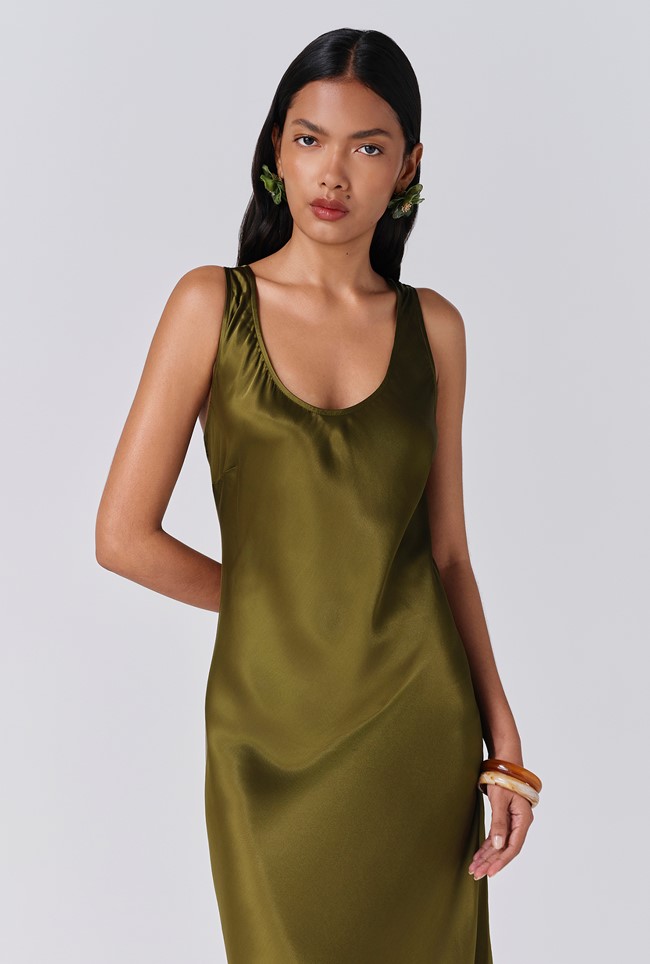 Palm Satin Scoop Neck Midi Slip Dress