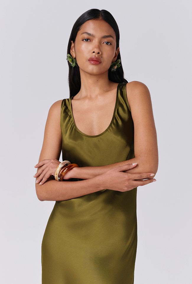 Palm Satin Scoop Neck Midi Slip Dress
