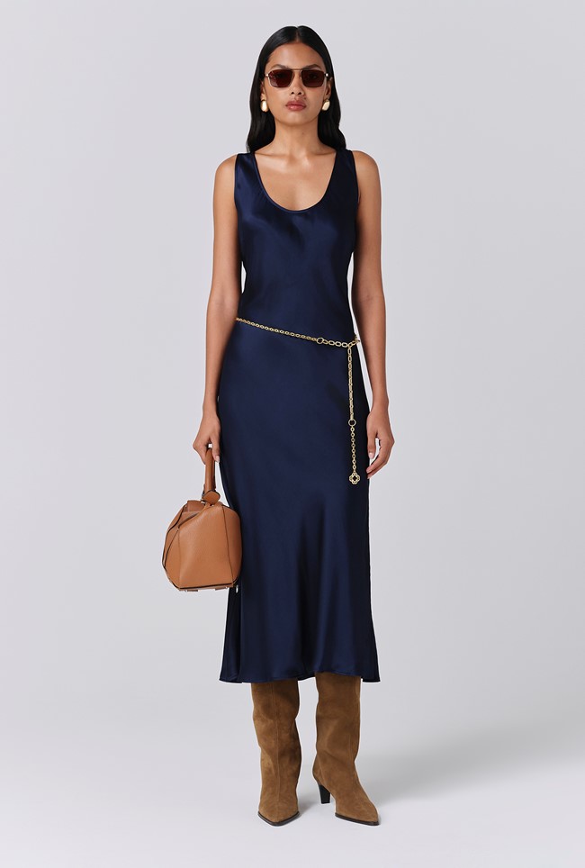 Palm Satin Scoop Neck Midi Slip Dress