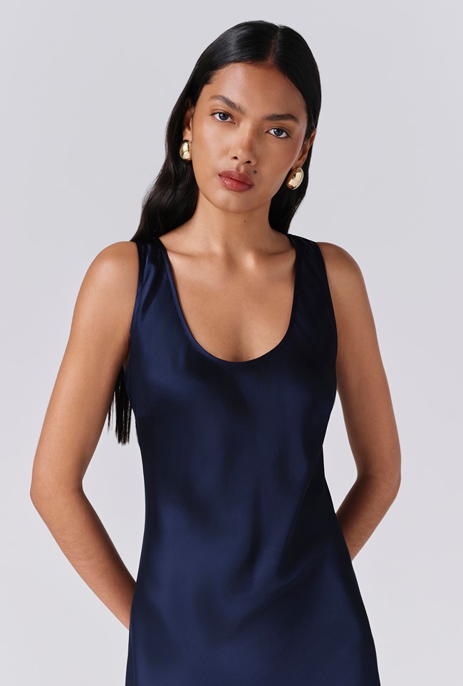 Palm Satin Scoop Neck Midi Slip Dress