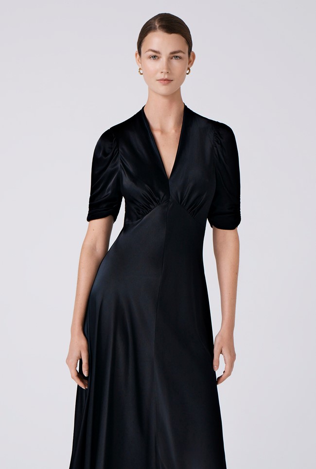 Mia Satin V Neck Midi Tea Dress