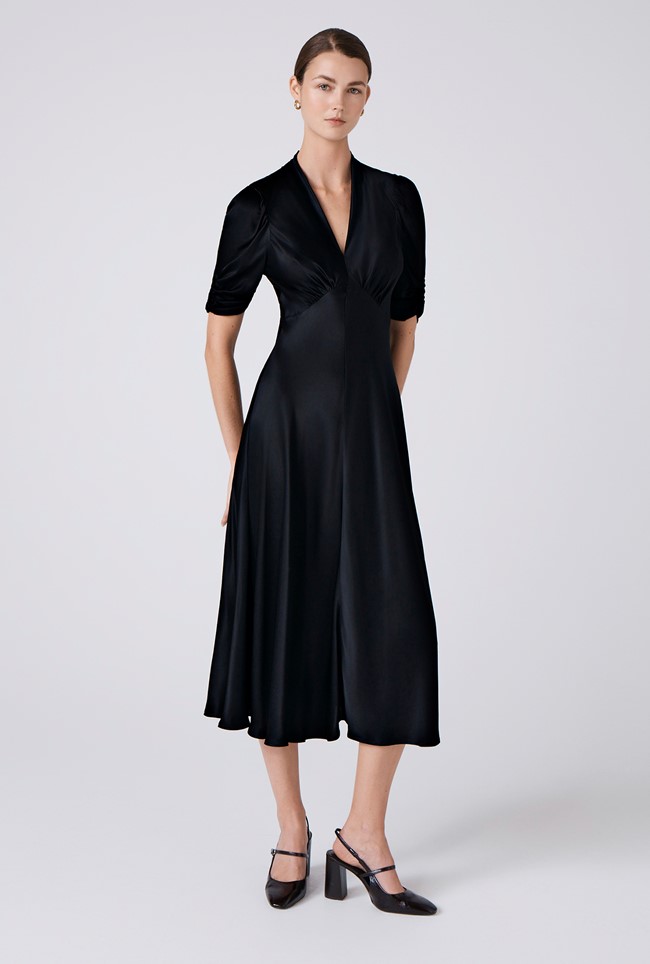 Mia Satin V Neck Midi Tea Dress