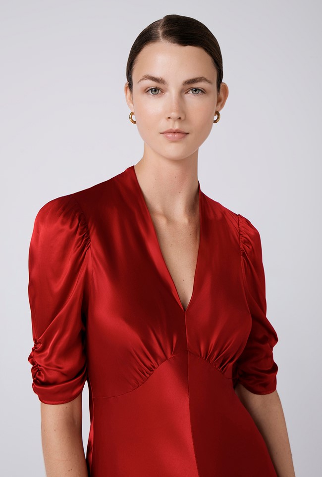 Mia Satin V Neck Midi Tea Dress