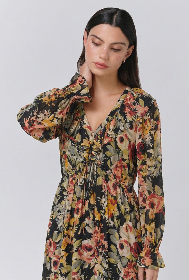 Aurora Floral Crepe V Neck Midi Dress