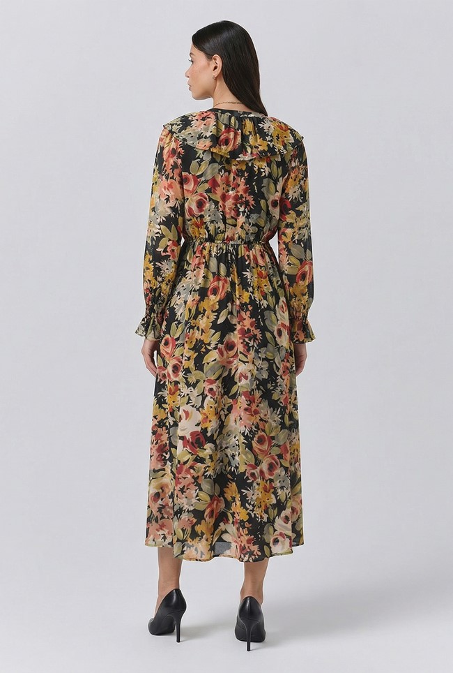 Aurora Floral Crepe V Neck Midi Dress