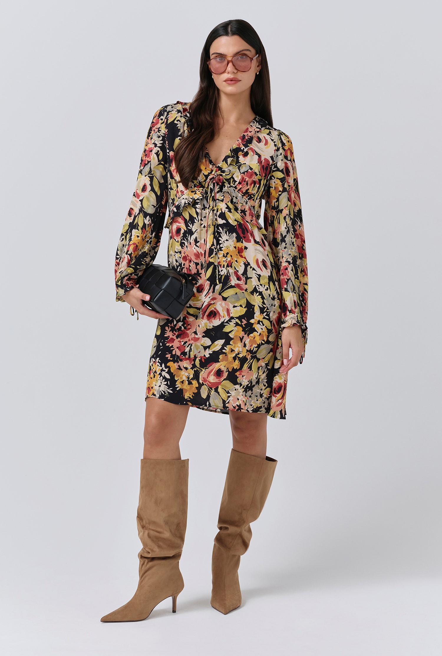 chinese dress ladies Floral Deep V Flounce Sleeve Mini Dress Light Mauve / XL