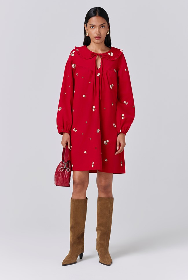 Alaia Embroidered Corduroy Tie Neck Dress