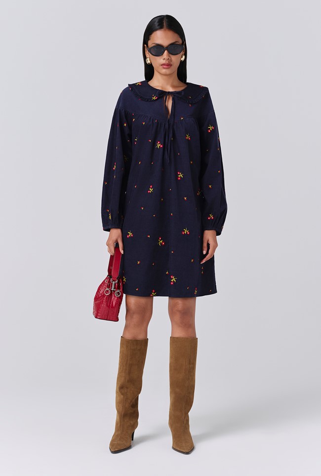Alaia Embroidered Corduroy Tie Neck Dress