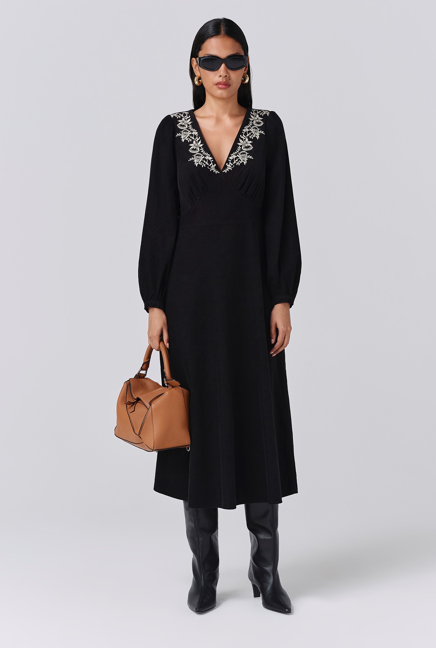 Ghost Sienna Embroidered Corduroy Midi Dress