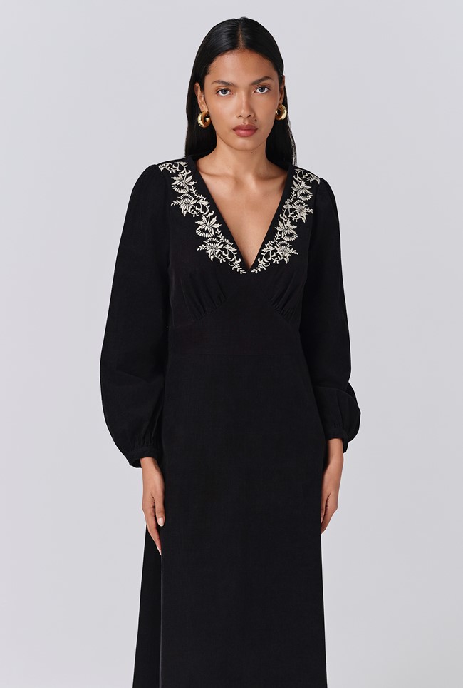 Sienna Embroidered Corduroy Midi Dress