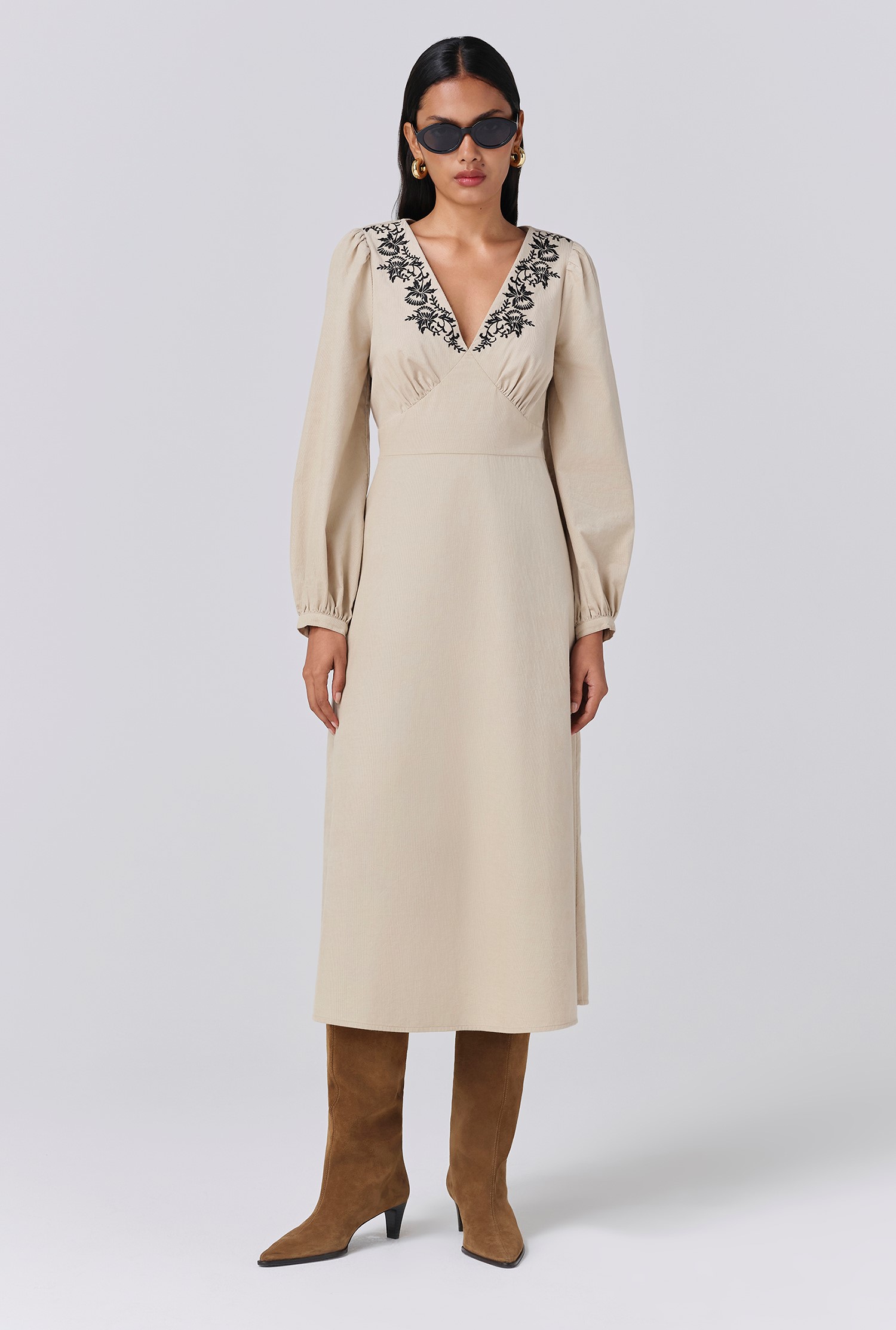 An image depicting Ghost Sienna Embroidered Corduroy Midi Dress