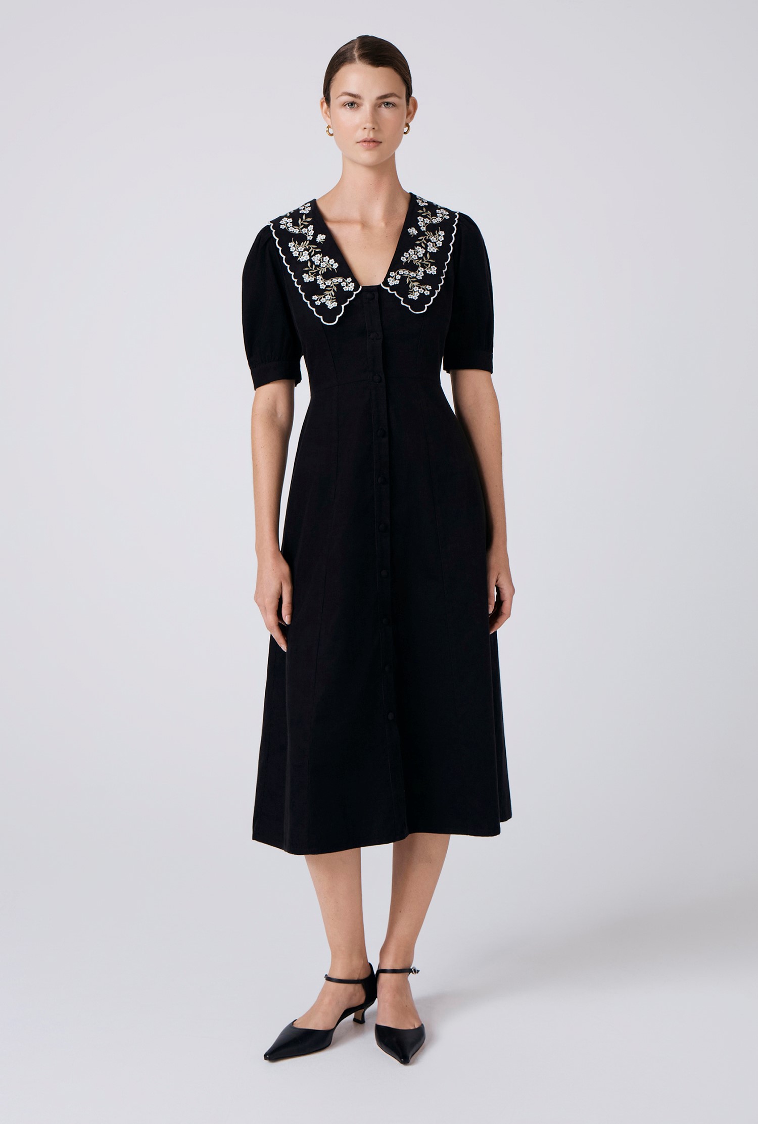 black embroidered dress midi Mac Duggal - Women's Flutter Sleeve Embroidered Midi Dress main image 1