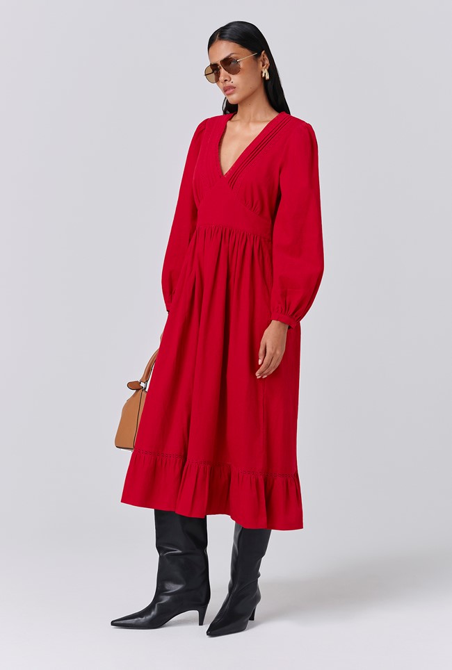 Gracie Corduroy V Neck Tiered Midi Dress