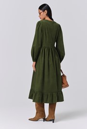Gracie Corduroy V Neck Tiered Midi Dress