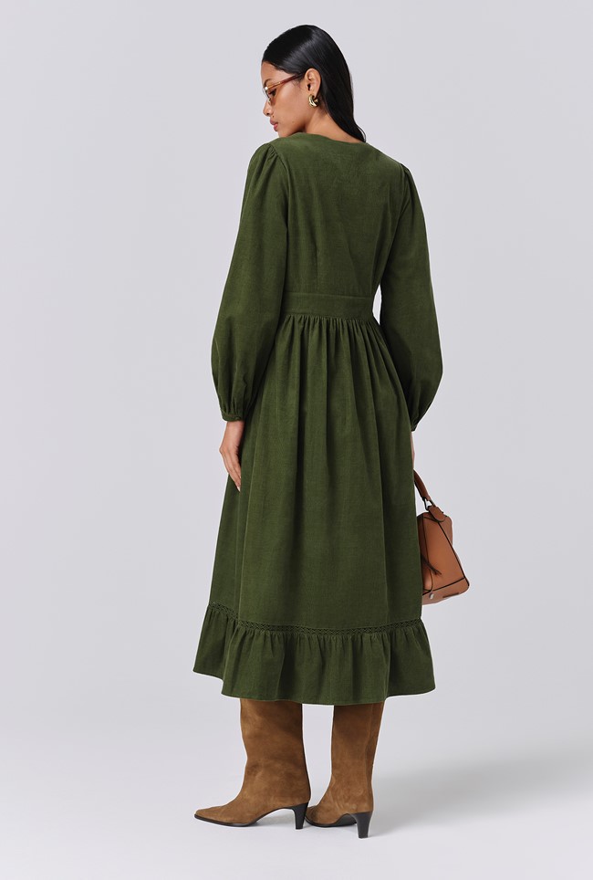 Gracie Corduroy V Neck Tiered Midi Dress