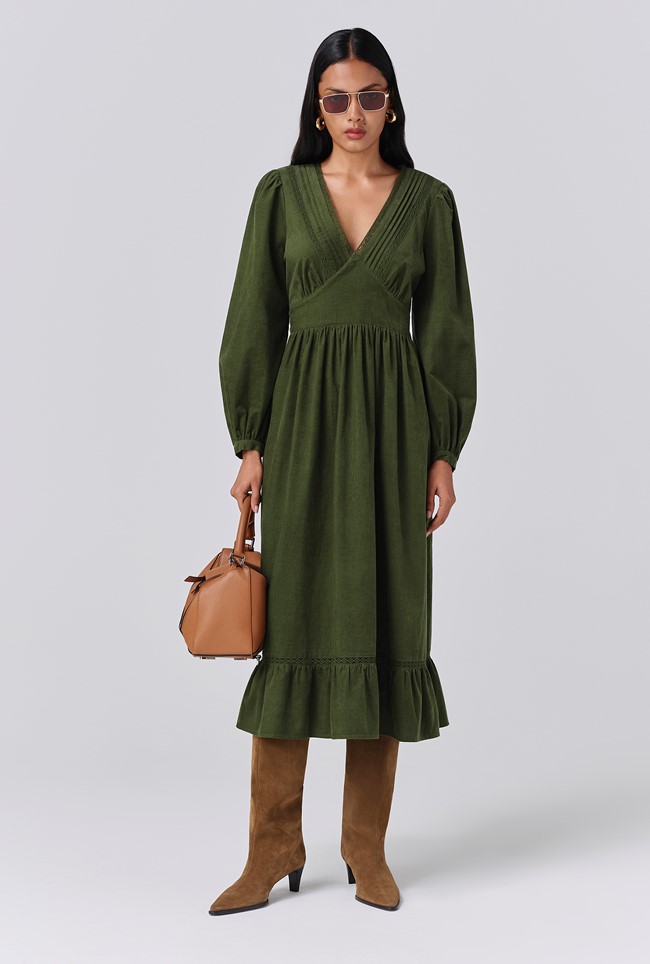 Gracie Corduroy V Neck Tiered Midi Dress