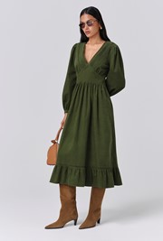 Gracie Corduroy V Neck Tiered Midi Dress