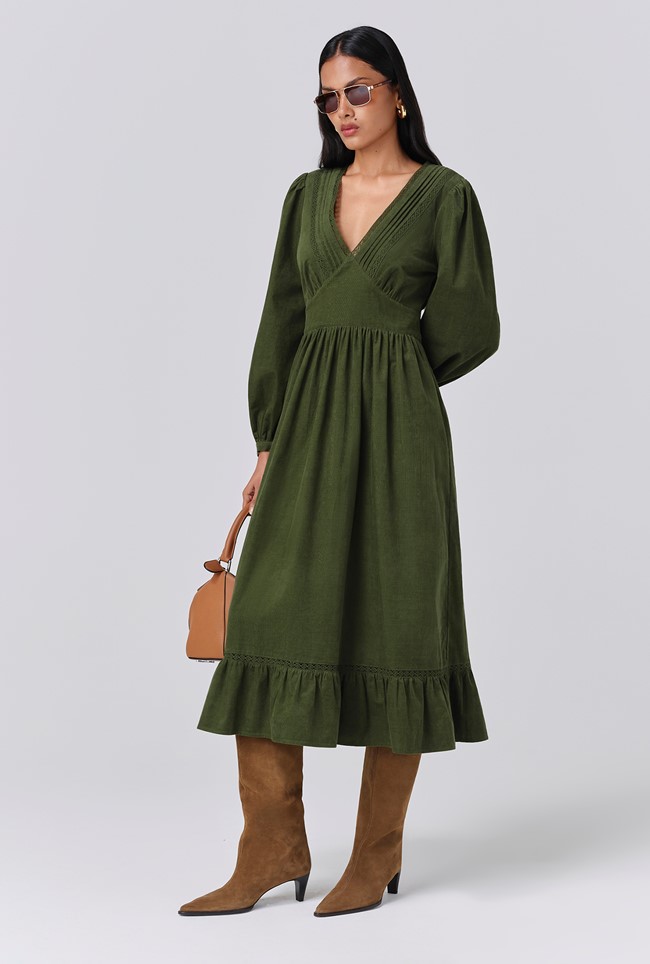 Gracie Corduroy V Neck Tiered Midi Dress