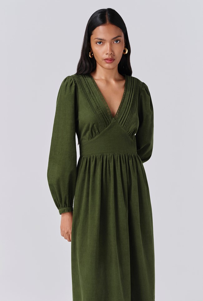 Gracie Corduroy V Neck Tiered Midi Dress