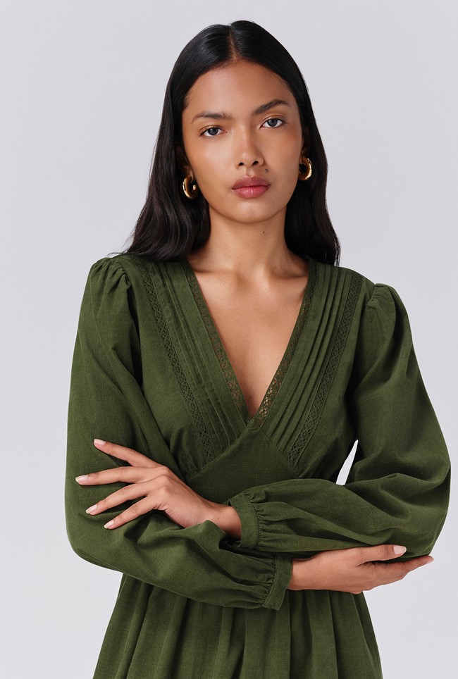 Gracie Corduroy V Neck Tiered Midi Dress