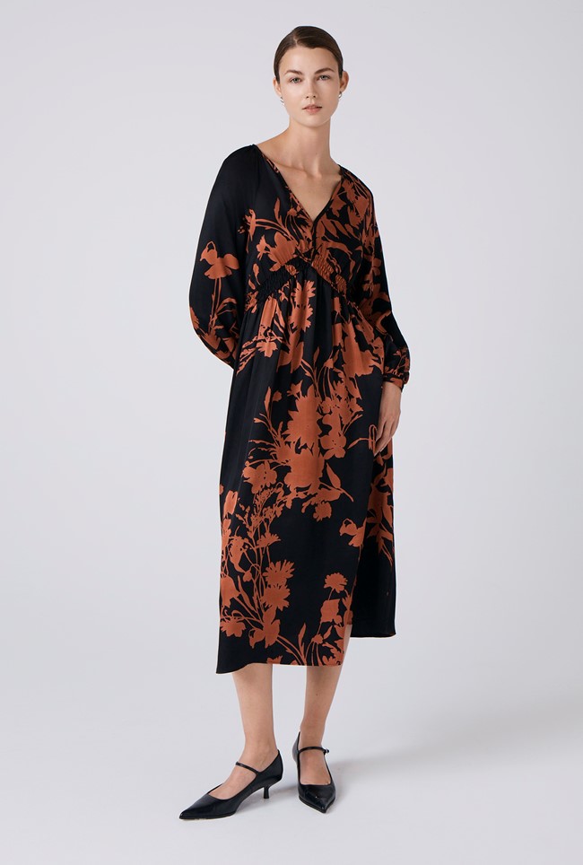 Emlyn Floral Satin V Neck Midi Dress