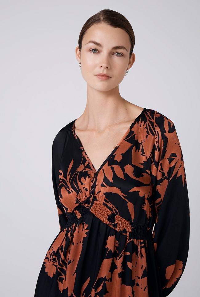 Emlyn Floral Satin V Neck Midi Dress