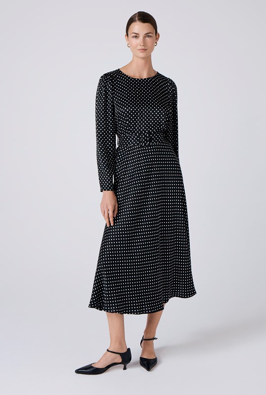 Sophia Polka Dot Satin Midi Belted Dress
