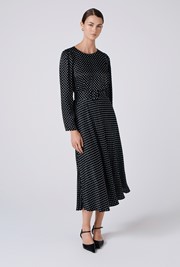 Sophia Polka Dot Satin Midi Belted Dress