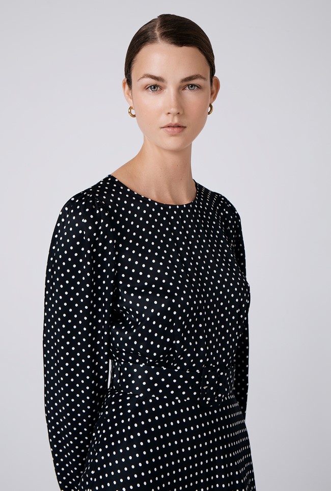 Sophia Polka Dot Satin Midi Belted Dress