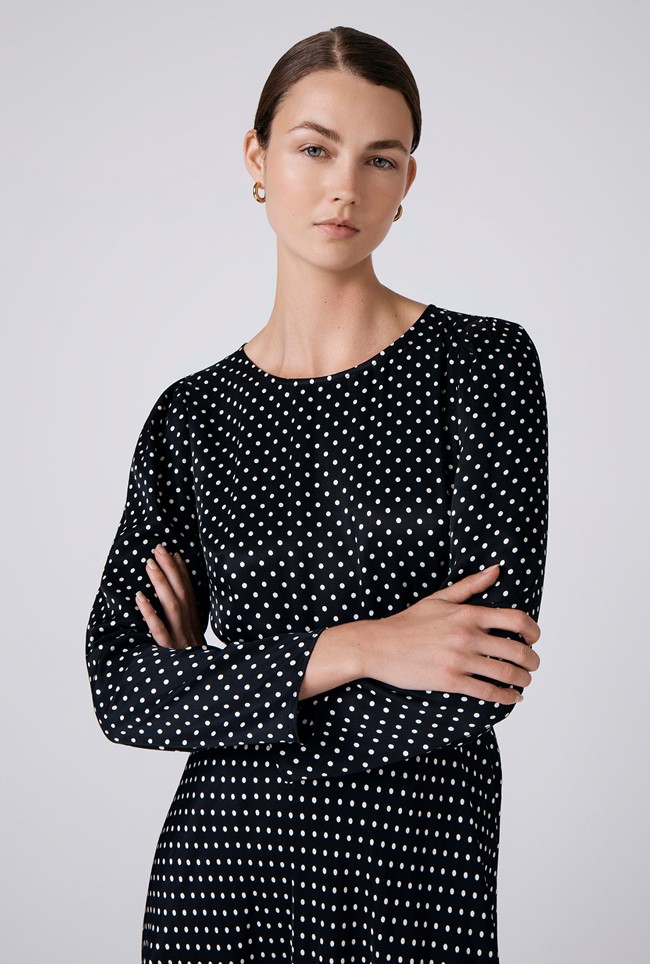 Sophia Polka Dot Satin Midi Belted Dress