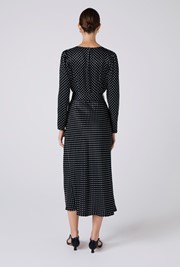 Sophia Polka Dot Satin Midi Belted Dress