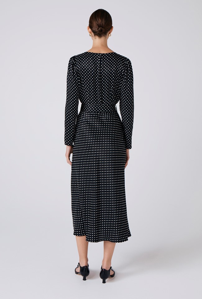Sophia Polka Dot Satin Midi Belted Dress