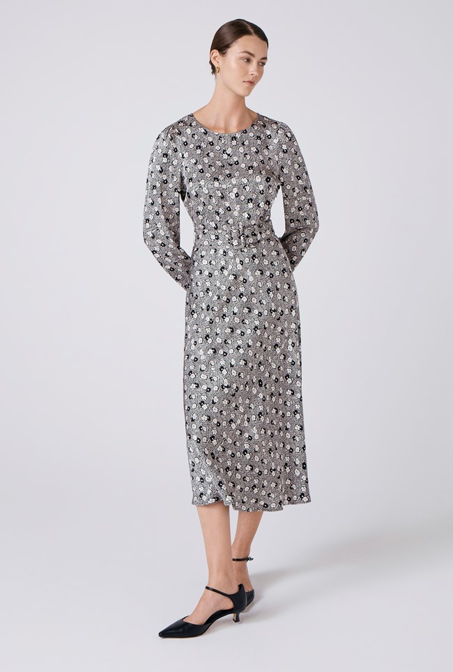 Sophia Floral Satin Midi Belted Dress