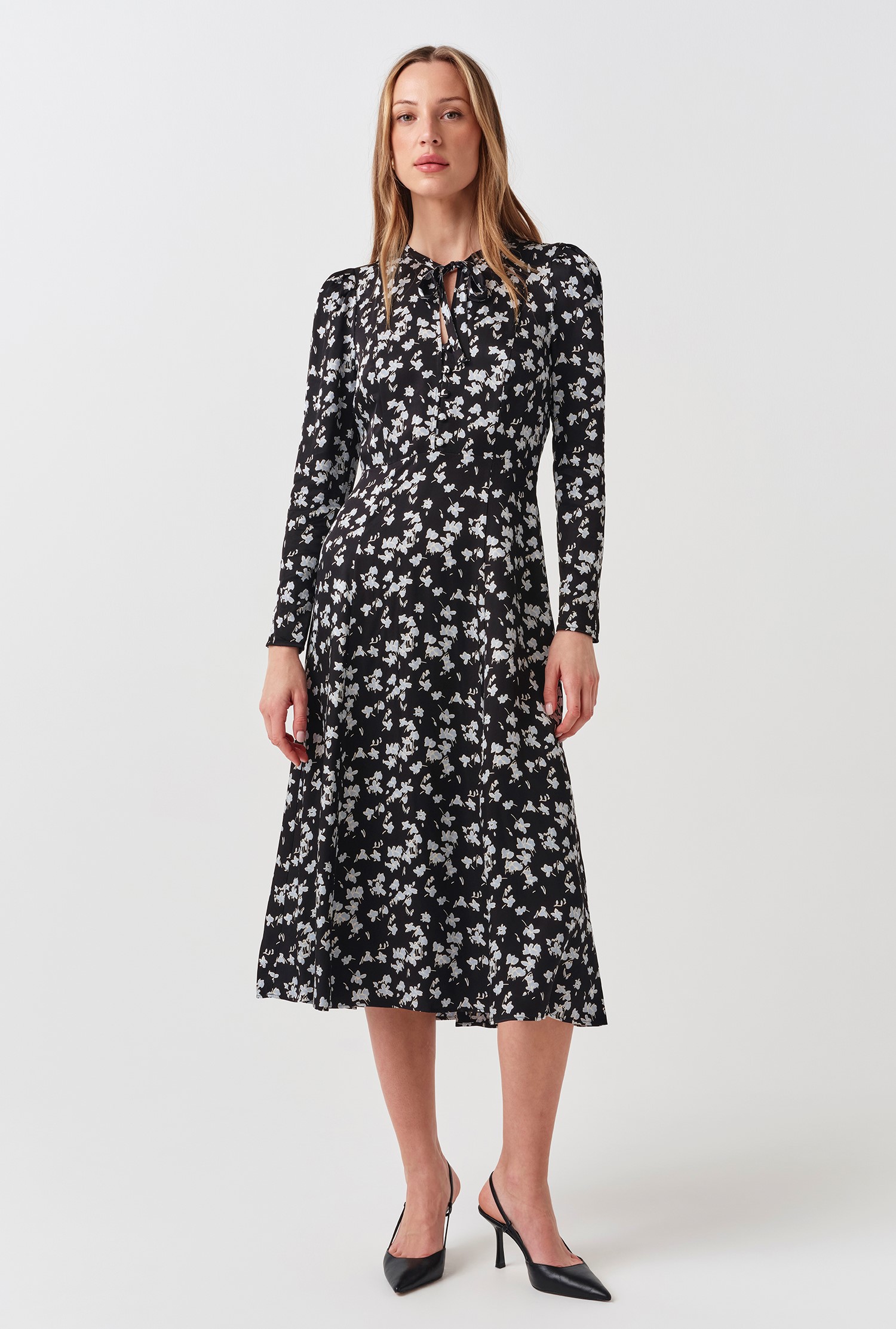 An image depicting Ghost Ana Floral Satin Midi Dress