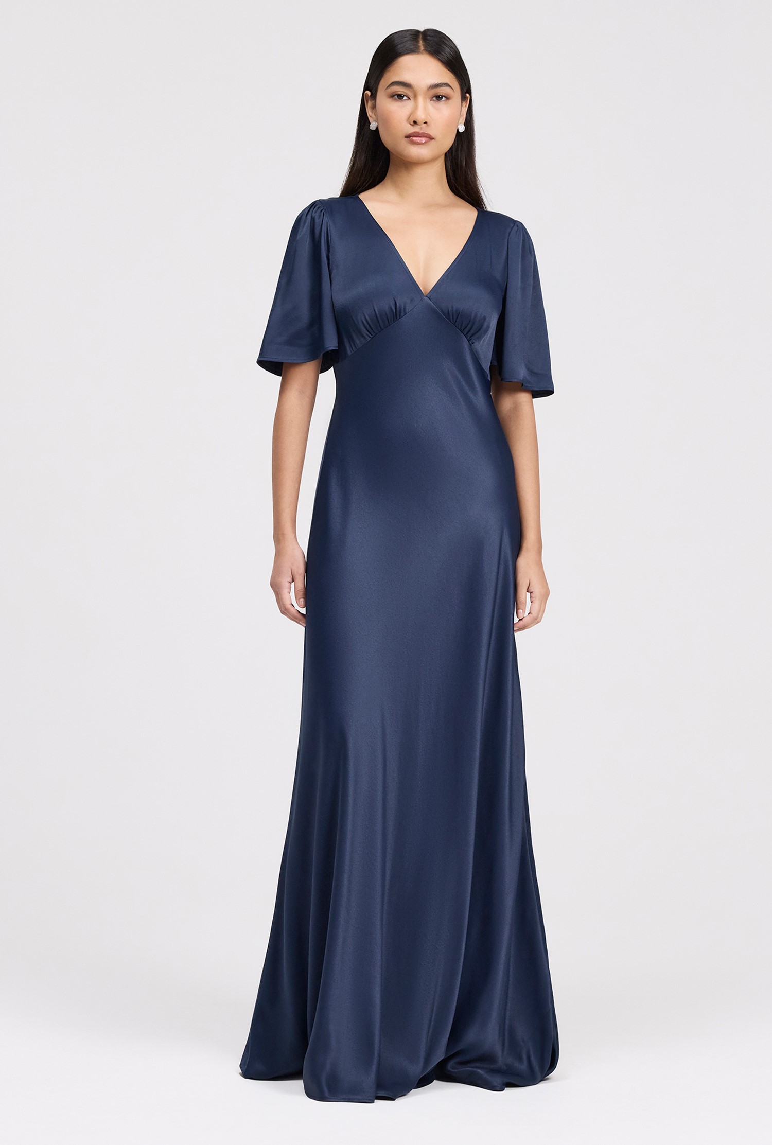 Arabella Navy Angel Sleeve Satin Maxi Dress | Ghost London
