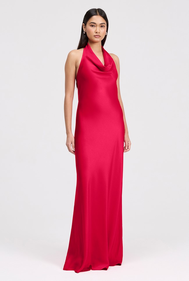 Elara Cowl Front Satin Maxi Dress