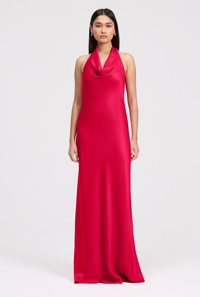 Elara Cowl Front Satin Maxi Dress