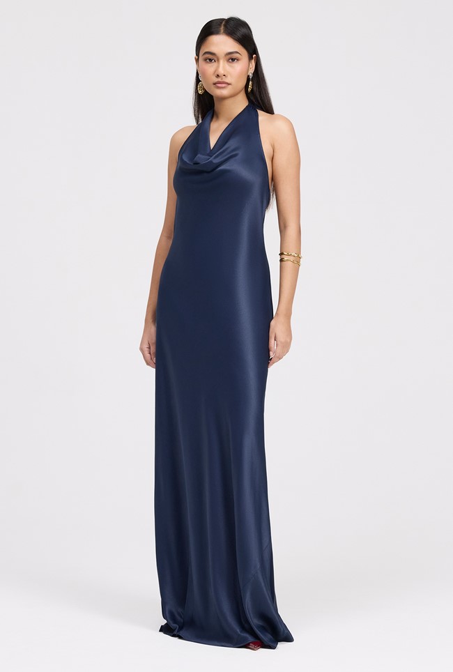 Elara Cowl Front Satin Maxi Dress