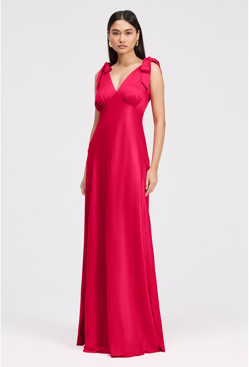 freya burgundy red satin maxi wedding guest dress reviews Burgundy V-Neck Long Sleeve Allura Midi Dress