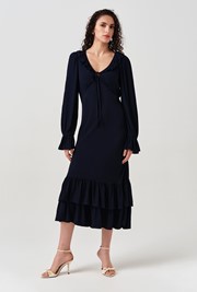 Melina Crepe Ruffle Hem Midi Dress