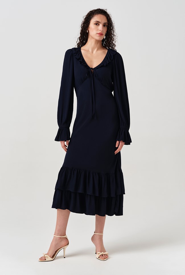 Melina Crepe Ruffle Hem Midi Dress