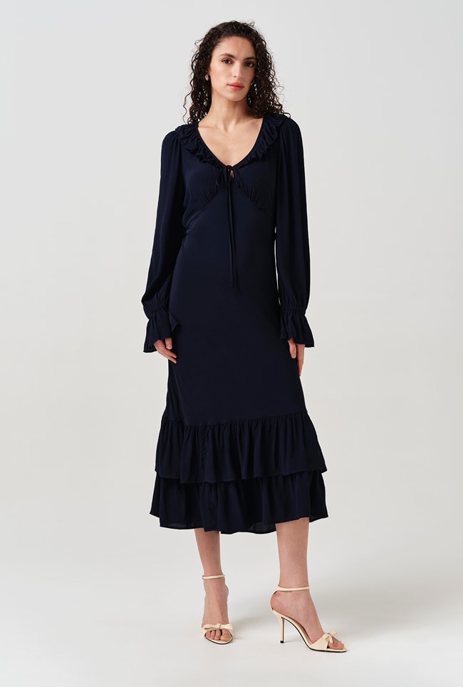 Melina Crepe Ruffle Hem Midi Dress