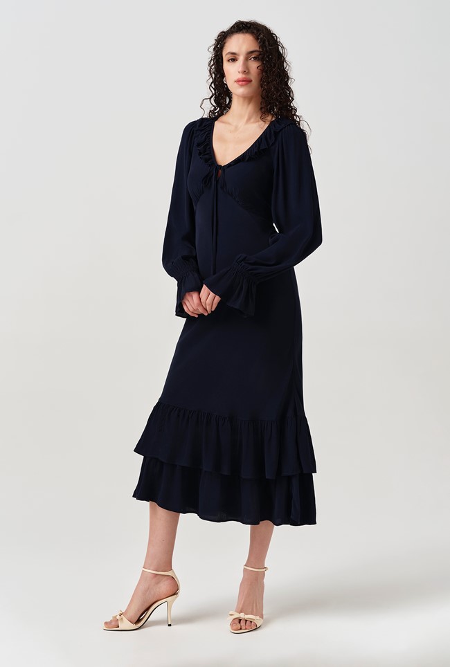 Melina Crepe Ruffle Hem Midi Dress