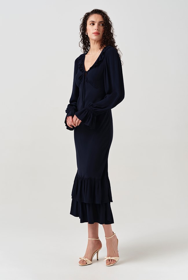 Melina Crepe Ruffle Hem Midi Dress