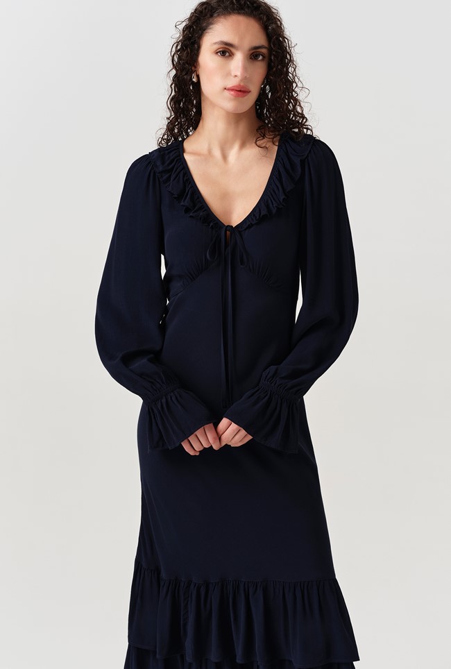 Melina Crepe Ruffle Hem Midi Dress