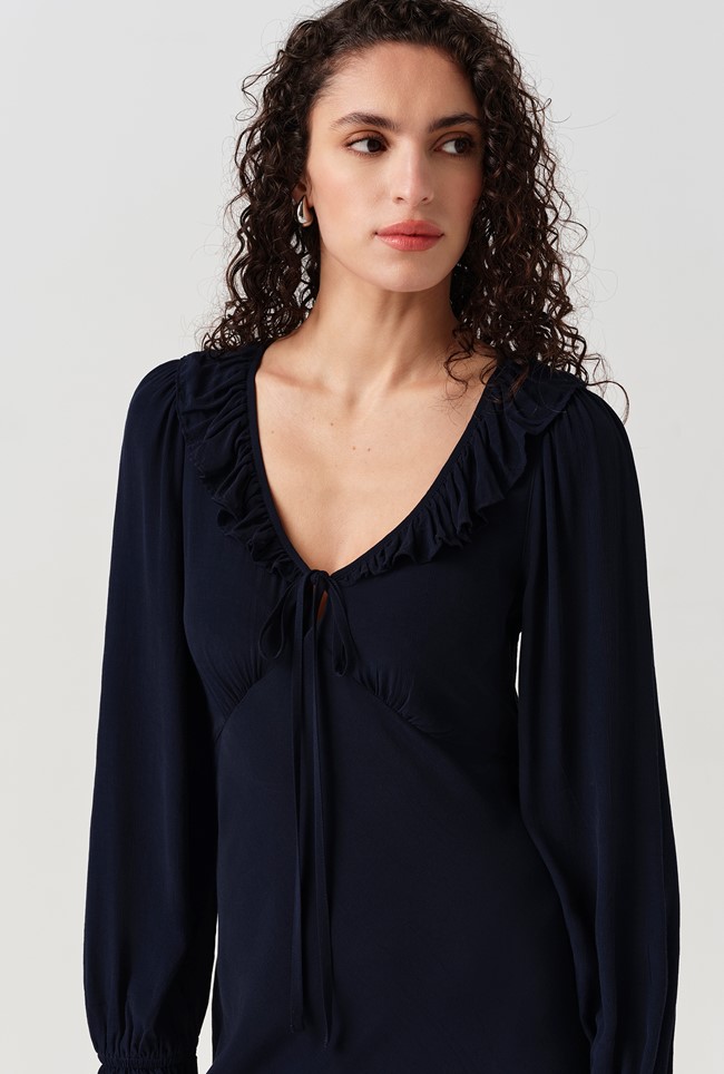 Melina Crepe Ruffle Hem Midi Dress