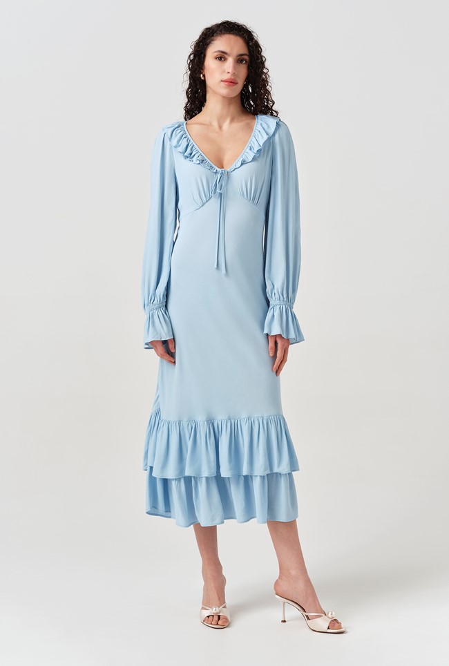 Melina Crepe Ruffle Hem Midi Dress