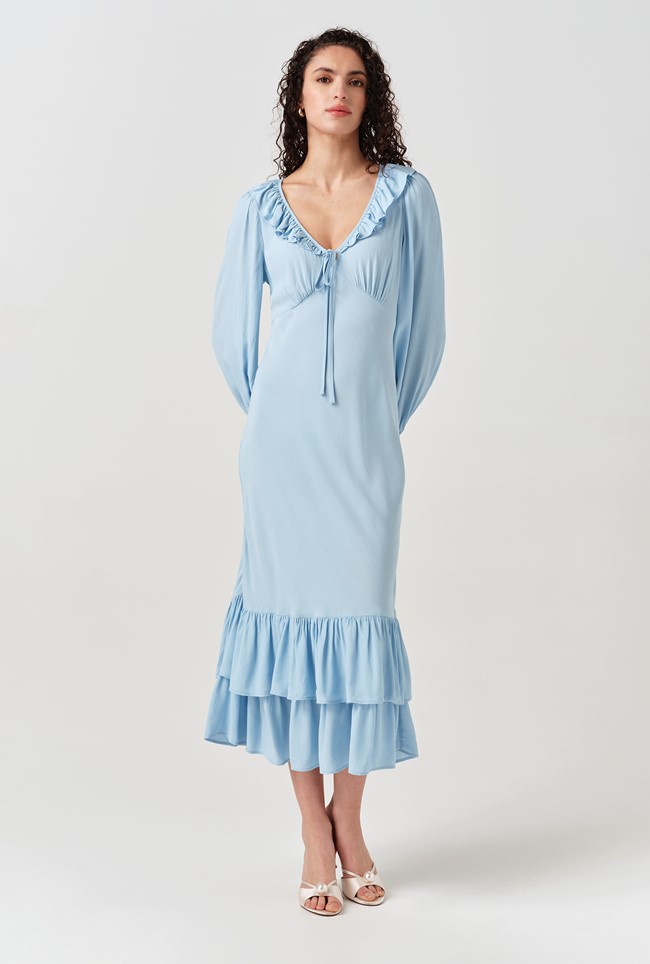 Melina Crepe Ruffle Hem Midi Dress